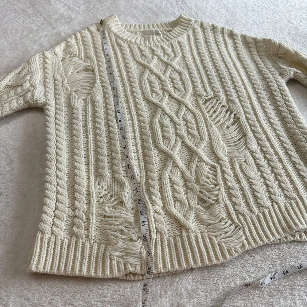 Revolve JOA Distressed Cable Knit Sweater Womens S Cream Oversized Pullover Edgy